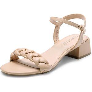 Women's Tan Braided Open Toe Ankle  Strap Block Chunky Heel Sandals